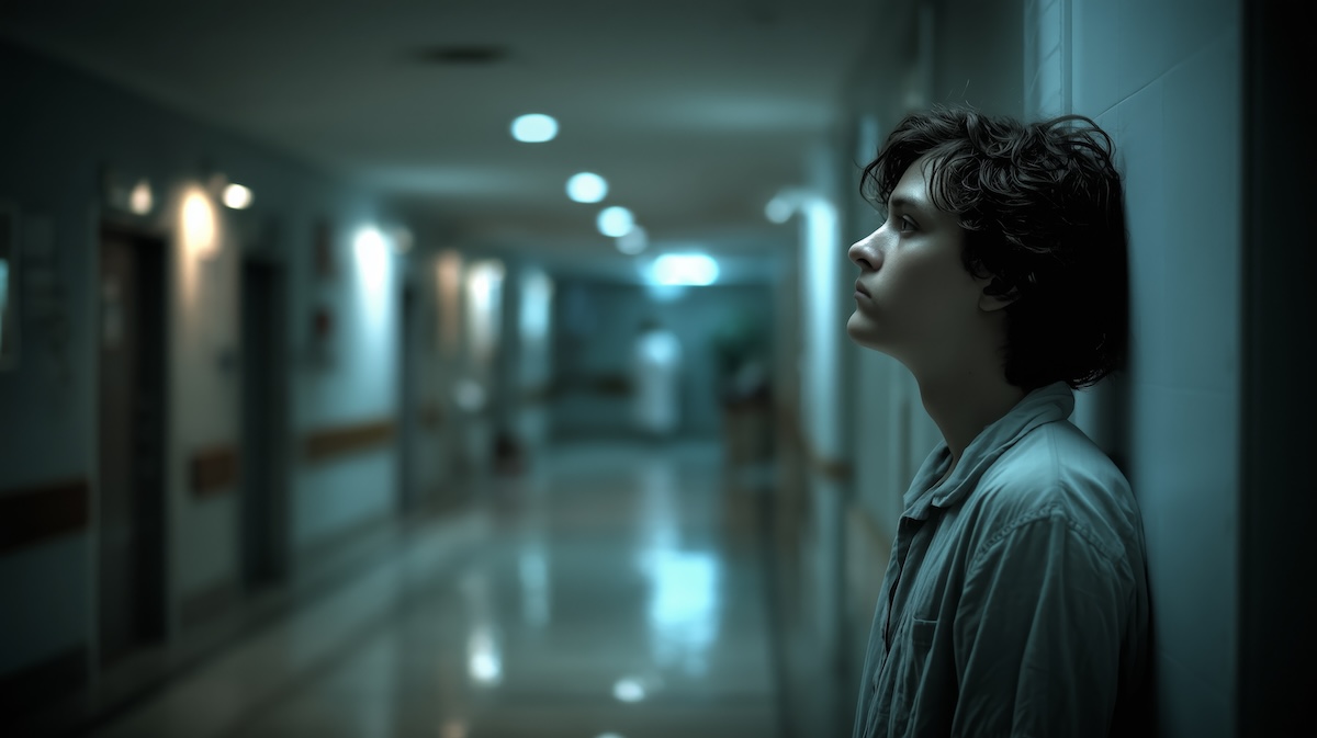 Young man leaning against hallway wall in psych ward looking up with anxiety
