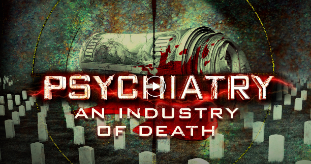 Roll of money with blood and PSYCHIATRAY AN INDUSTRY OF DEATH - Link to documentary