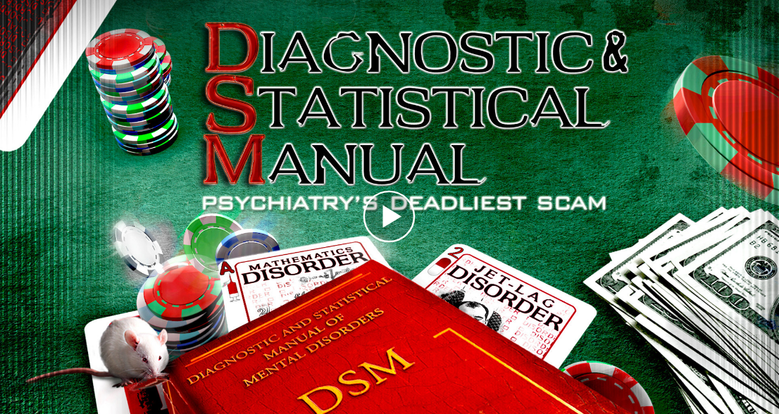 Roll of money with blood and PSYCHIATRAY AN INDUSTRY OF DEATH - Link to documentary