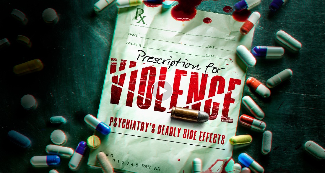 Roll of money with blood and PSYCHIATRAY AN INDUSTRY OF DEATH - Link to documentary