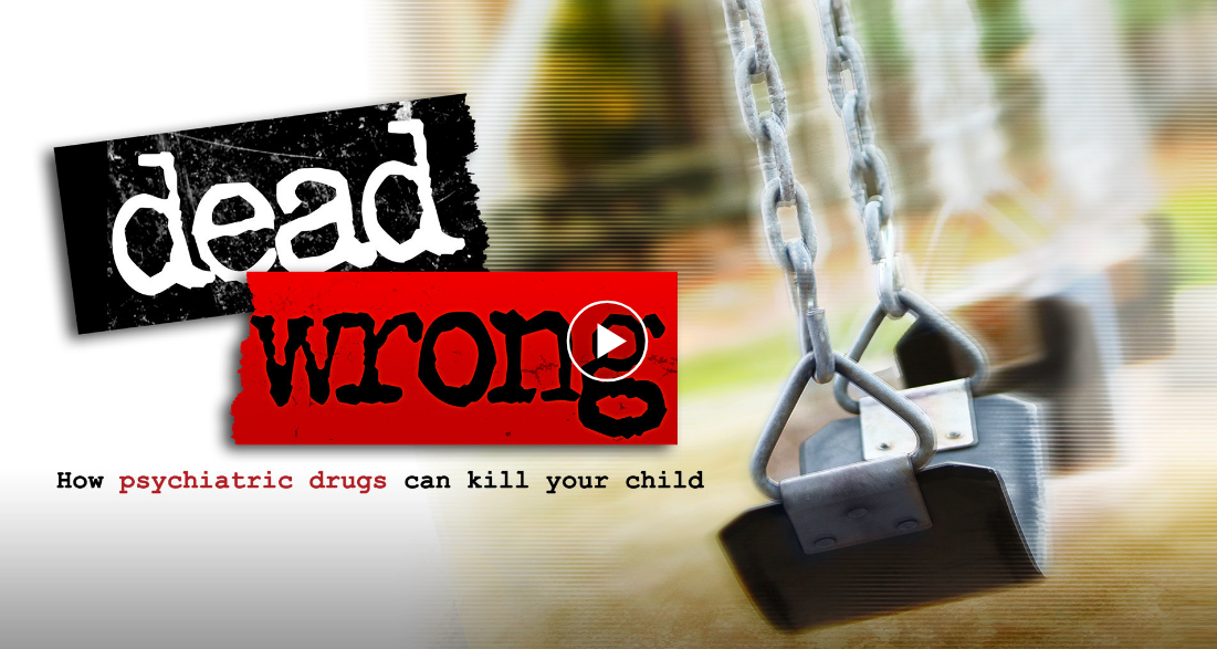 Roll of money with blood and PSYCHIATRAY AN INDUSTRY OF DEATH - Link to documentary