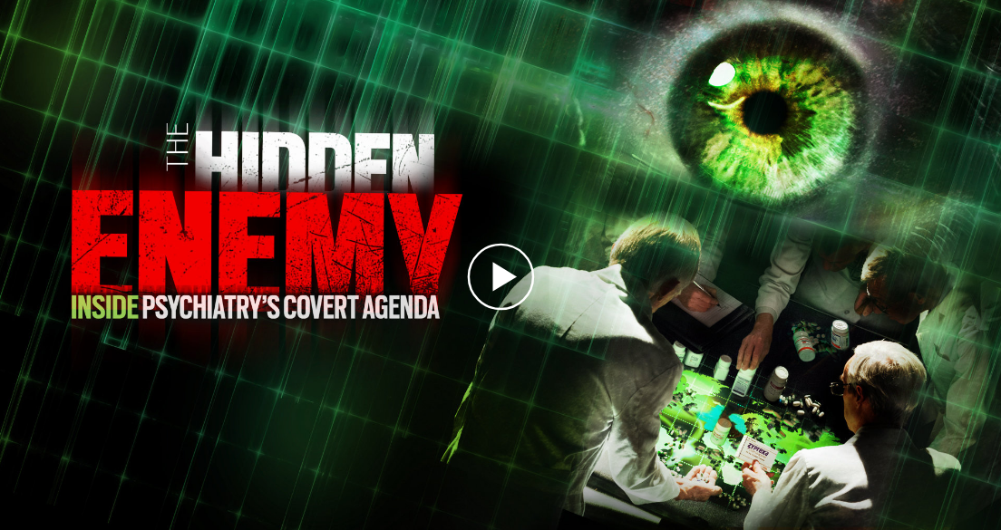 Roll of money with blood and PSYCHIATRAY AN INDUSTRY OF DEATH - Link to documentary