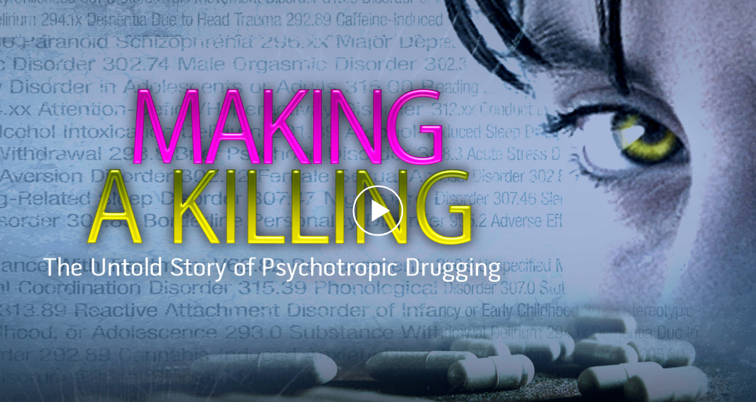 Roll of money with blood and PSYCHIATRAY AN INDUSTRY OF DEATH - Link to documentary