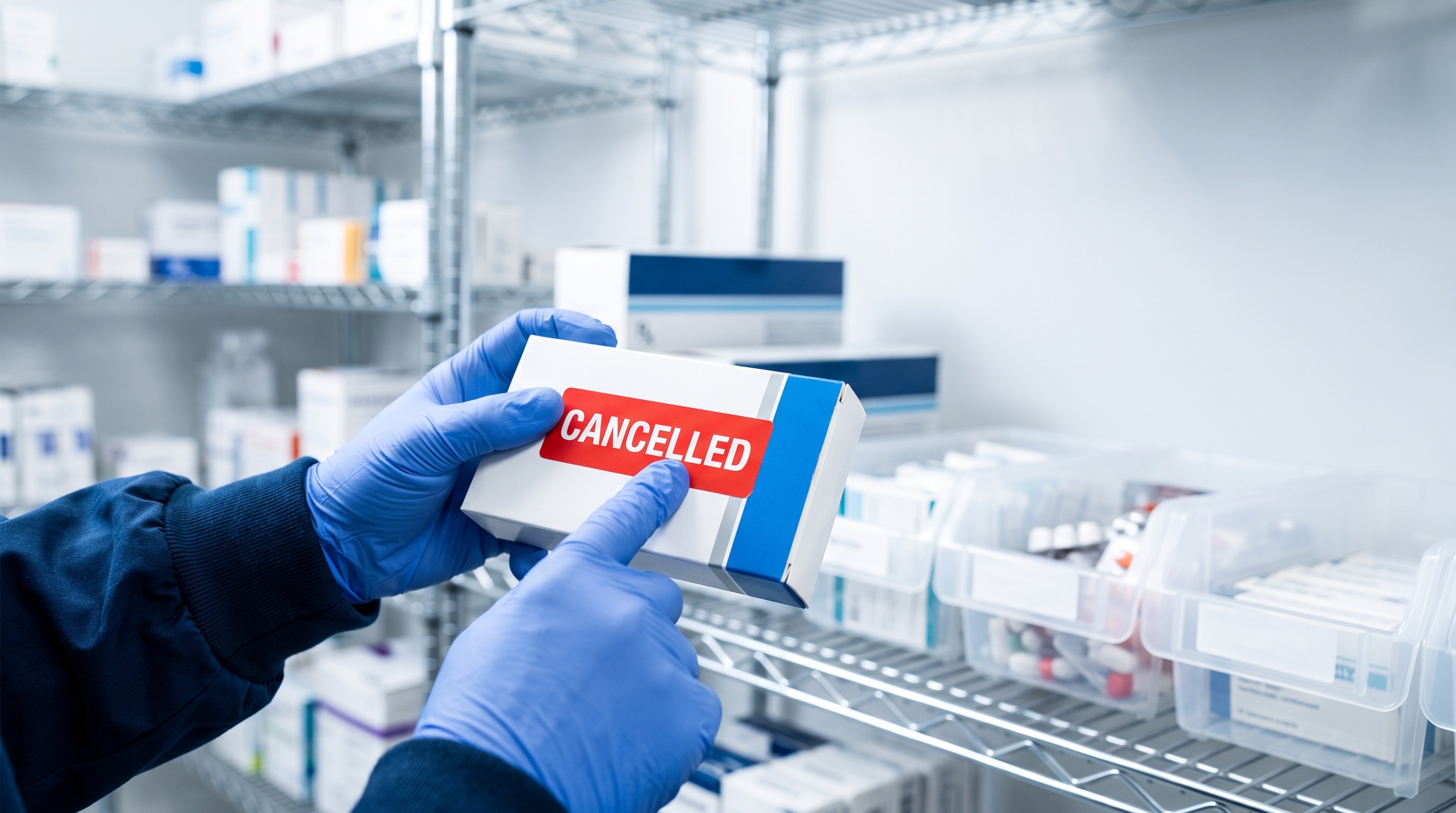 Gloved hands holding medicine box with cancelled sticker in a pharmacy