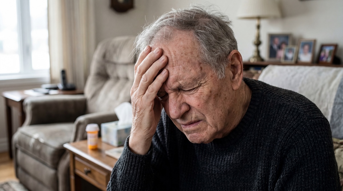 Distressed senior man holds his head in pain from headache or worry at nursing home
