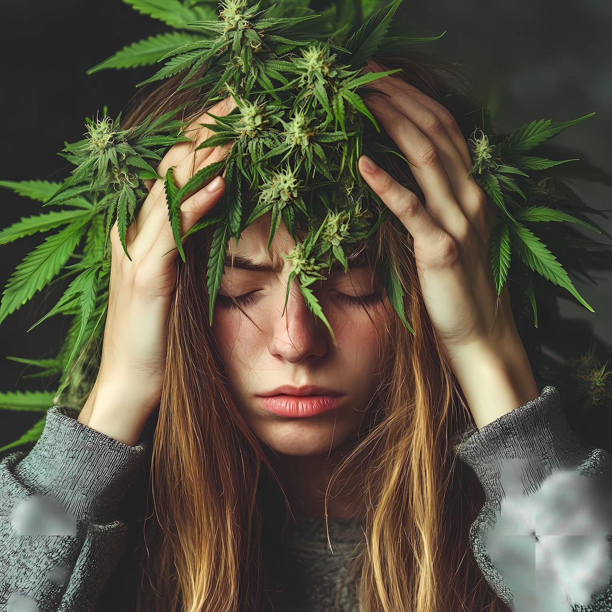 girl looking down with creased brows and marijuana plants on head