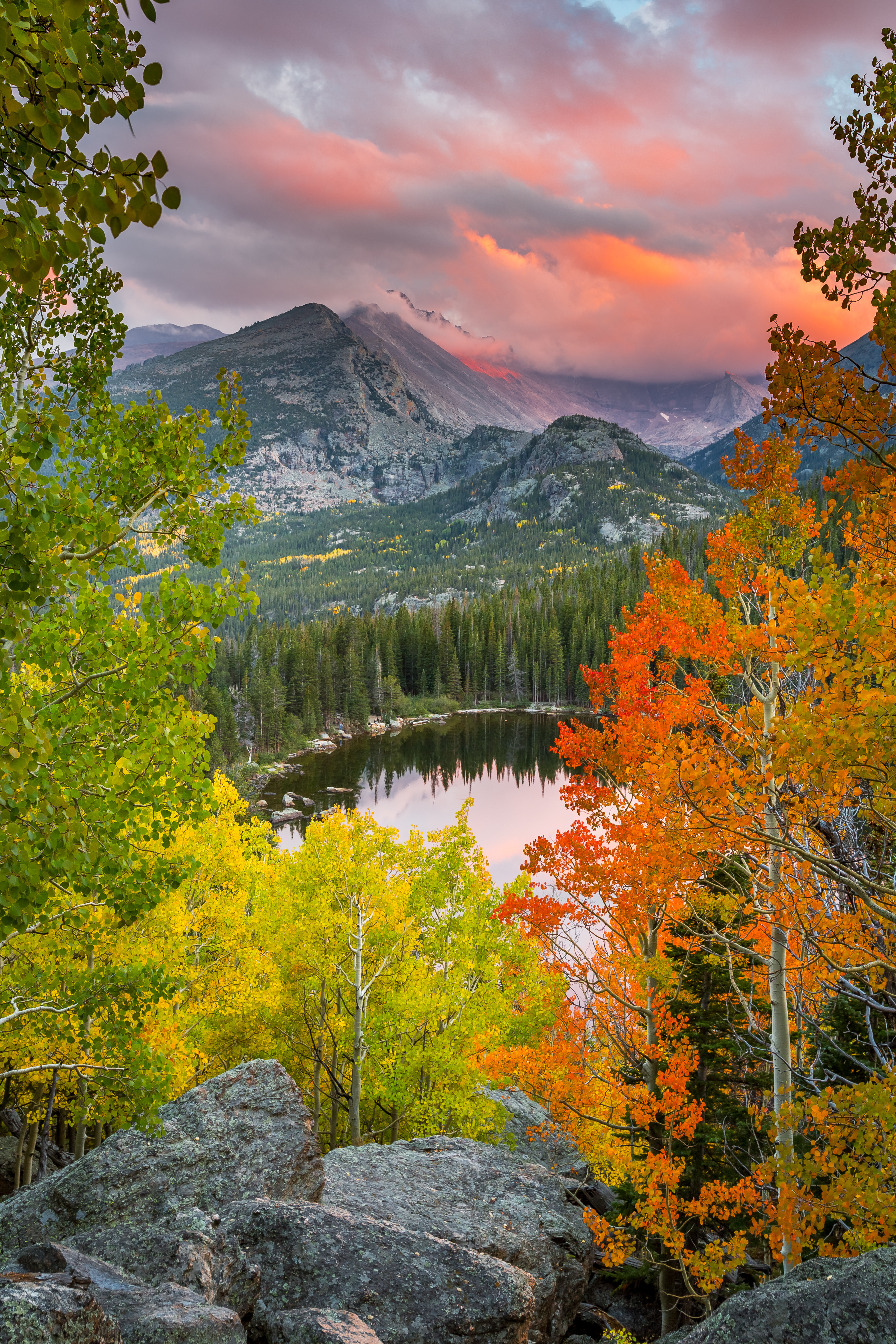 Colorado fall leaves with lake in mountains
